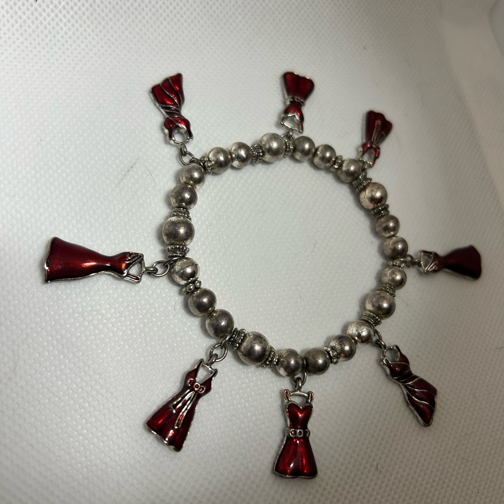 Silver Beaded Bracelet with Red Dress‎ Charms